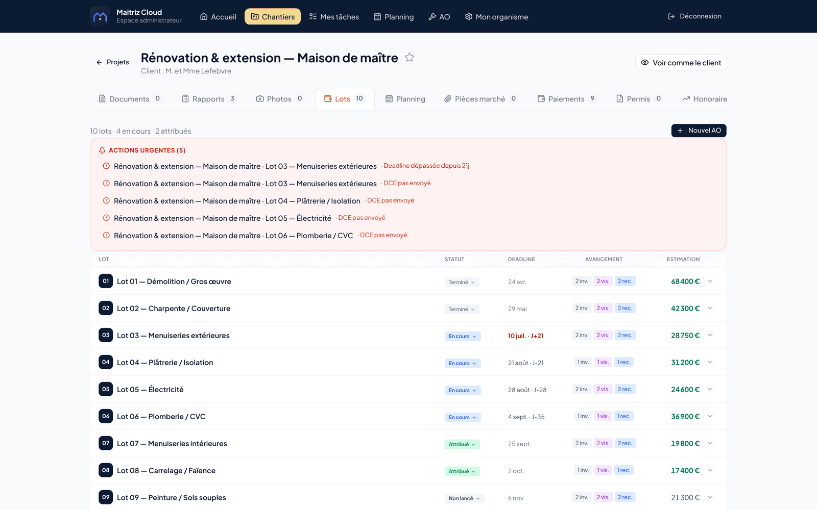 Le back-office Maitriz Cloud : lots d'un chantier avec statuts et montants