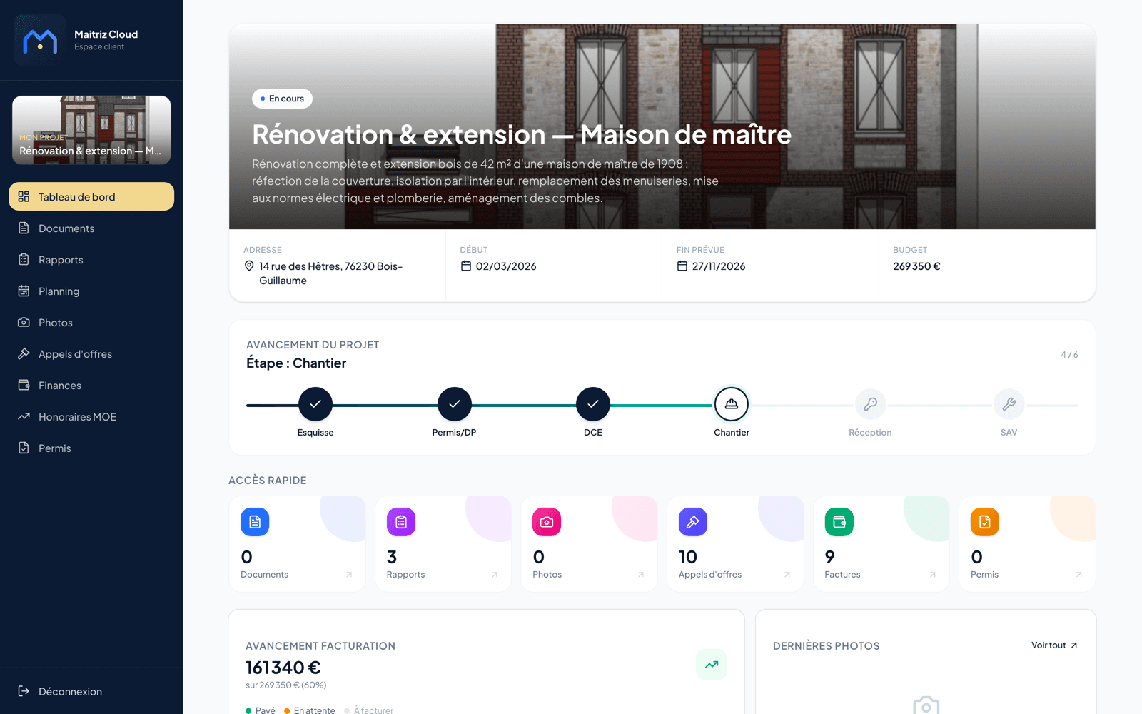 Espace de suivi maître d'ouvrage en marque blanche dans le logiciel de suivi de chantier Maitriz Cloud