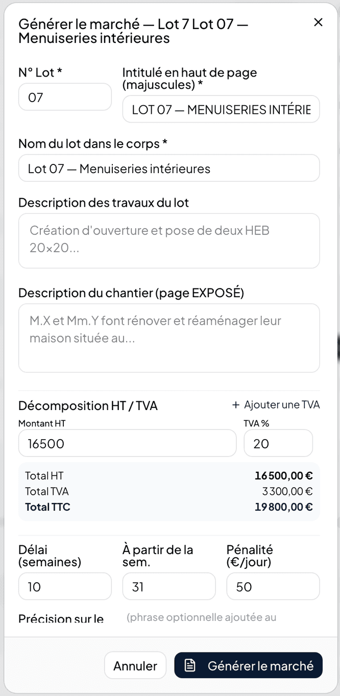 Génération d'un marché de travaux en PDF dans Maitriz Cloud : montants, TVA, délais et pénalités