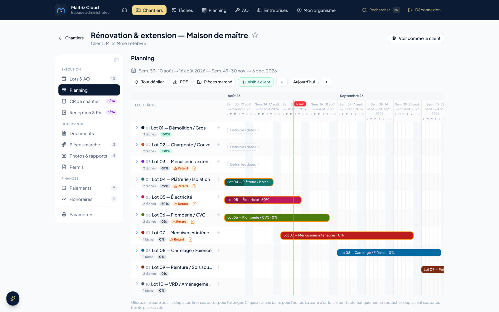 Planning Gantt de suivi de chantier dans Maitriz Cloud
